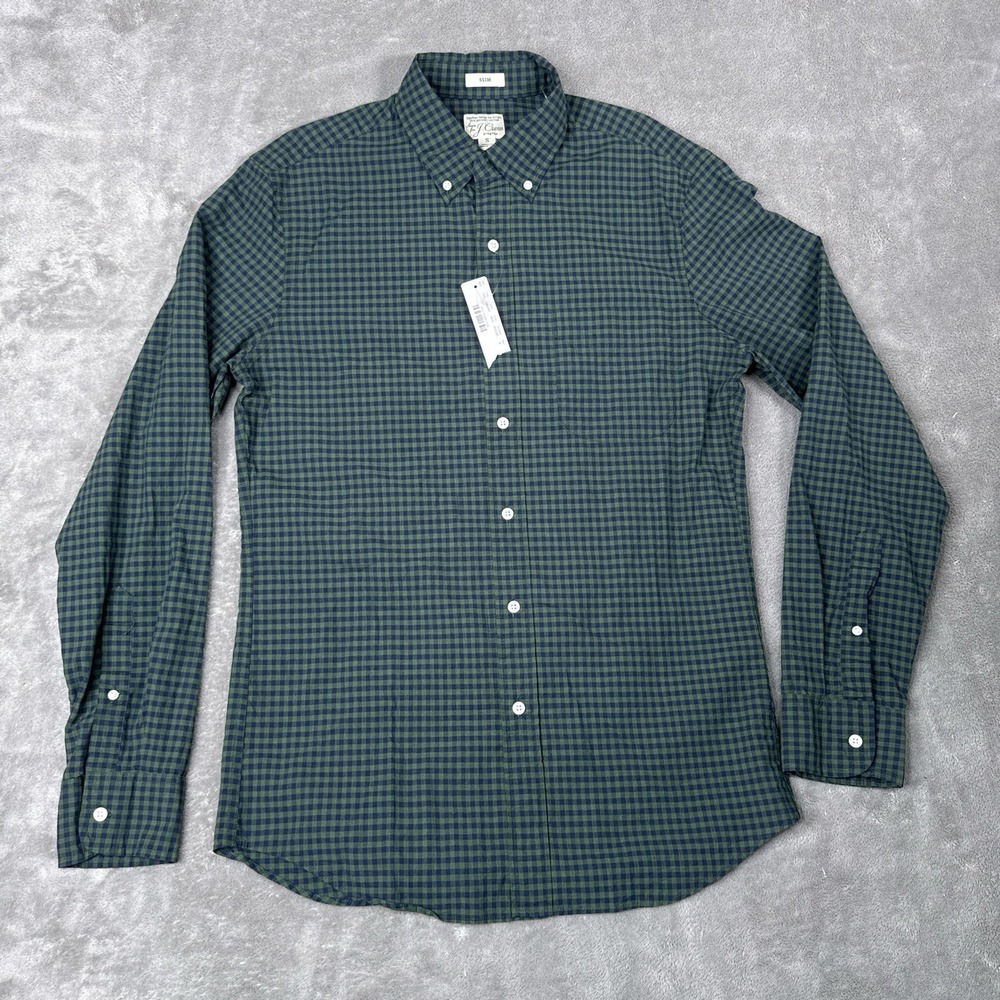 J Crew Shirt Mens Small Green Gingham Slim Stretch Secret Wash Button Down